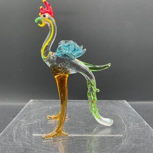 Miniature Art Glass Standing Fowl Peacock Applied Colors Blue Wings Fantasy Bird